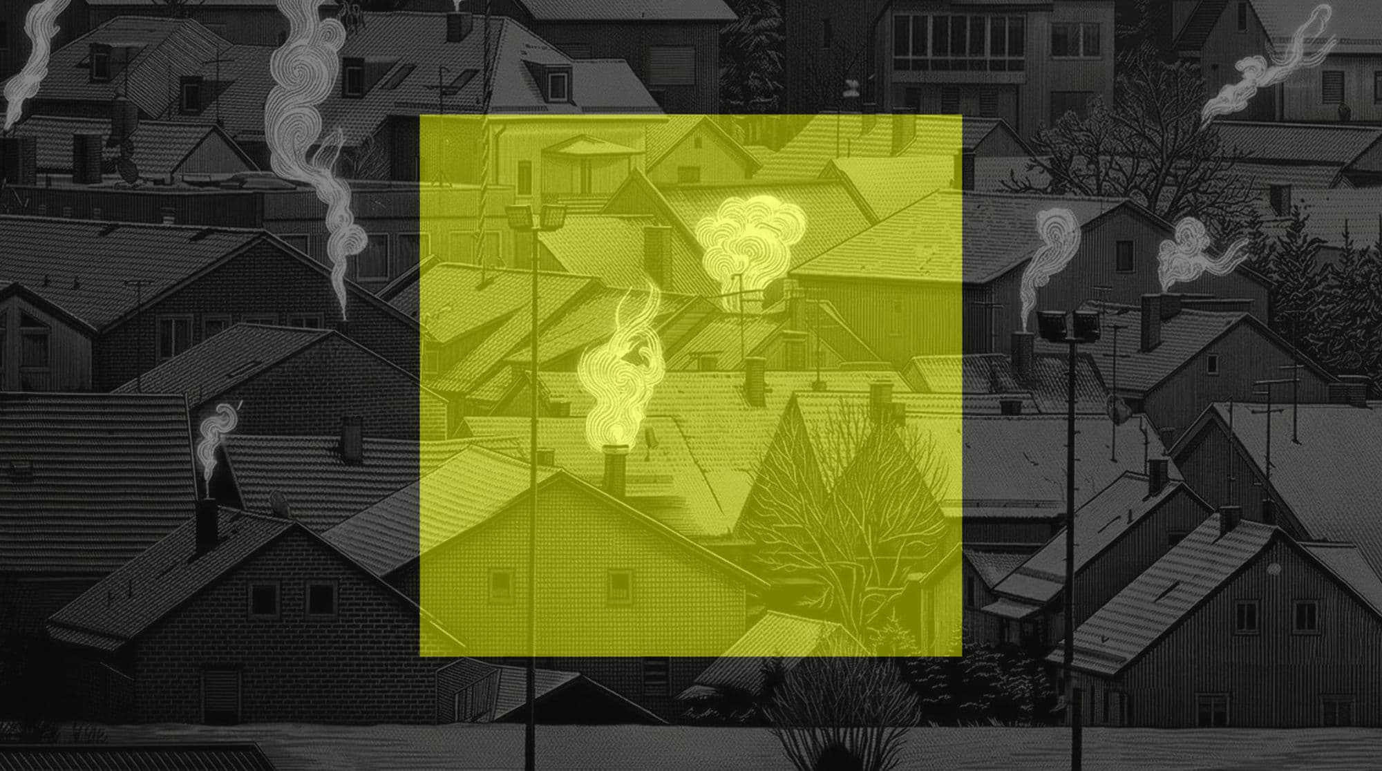 A neighborhood with many single-family homes, with white smoke rising from their chimneys