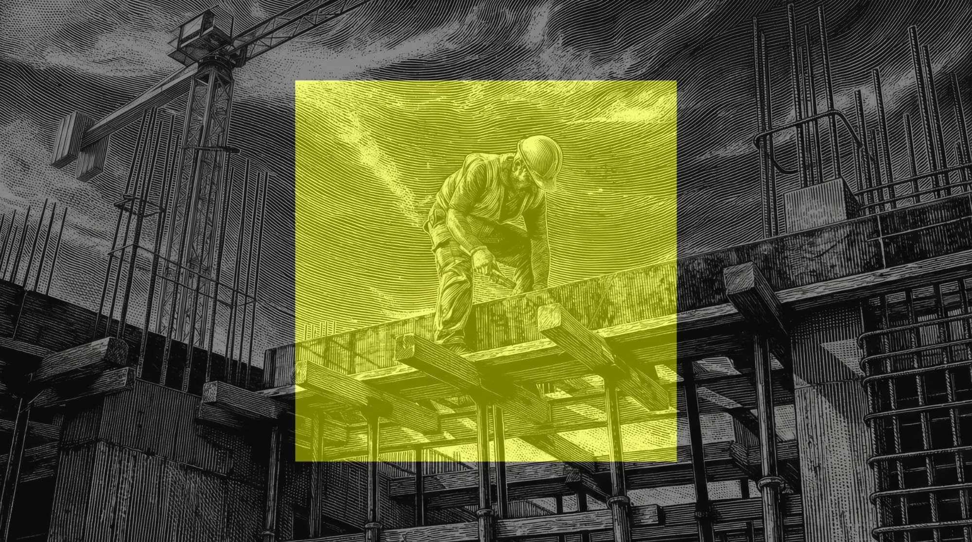 A construction worker is setting up formwork for a ceiling. A crane can be seen in the background.