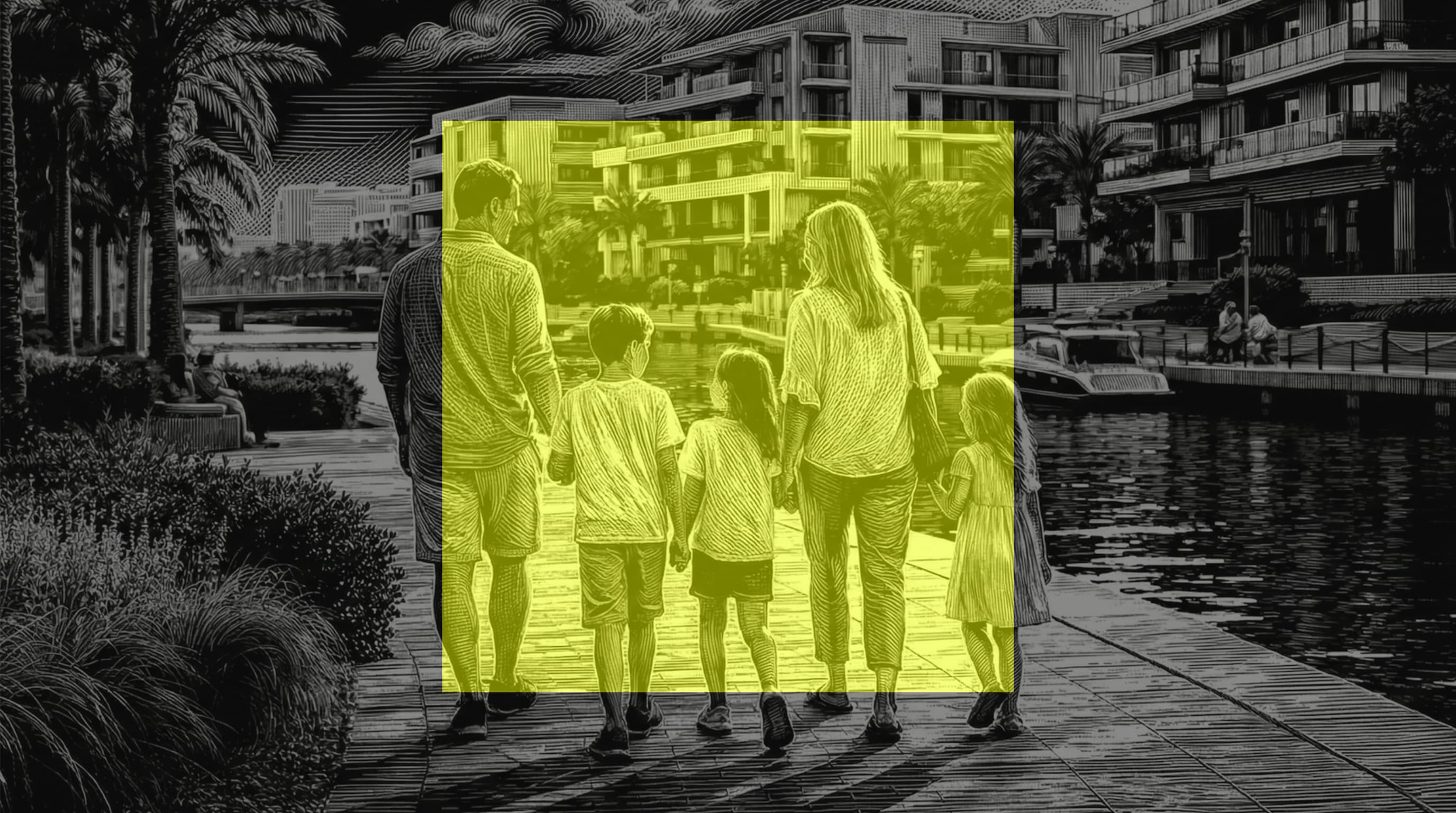 A family of five walking along a riverbank. In the background, modern residential buildings can be seen.